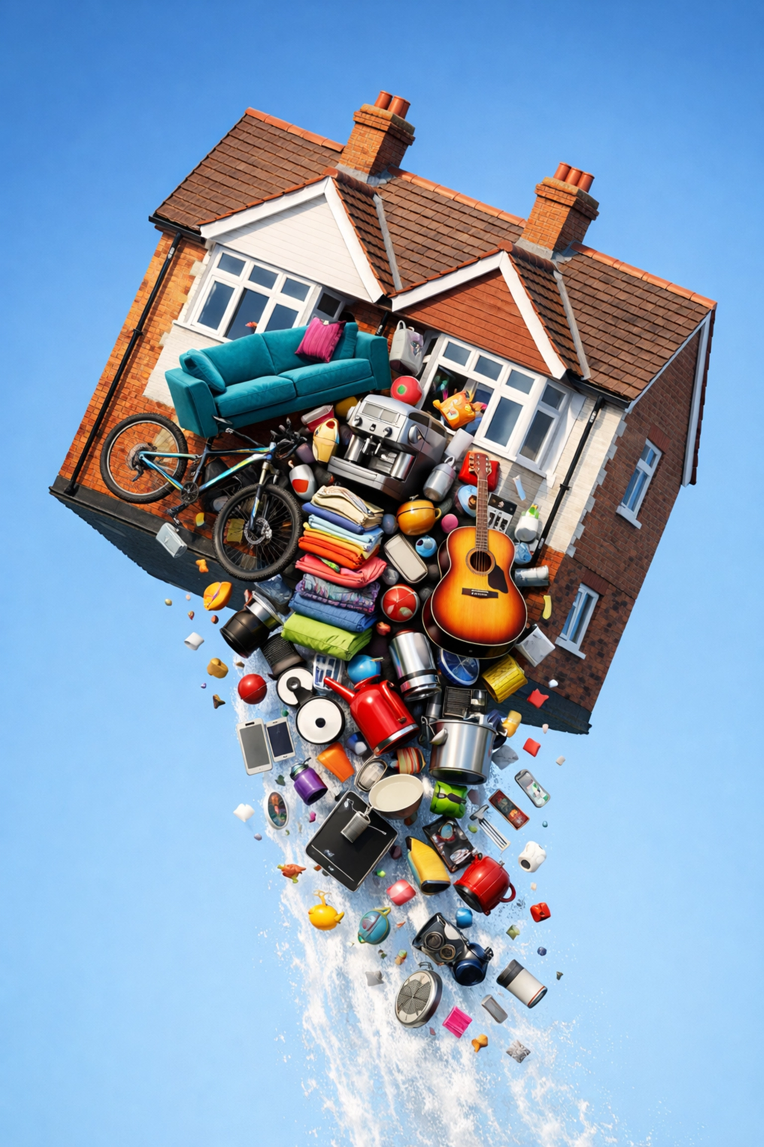 Household items falling from a house to illustrate the importance of accurate home contents insurance.