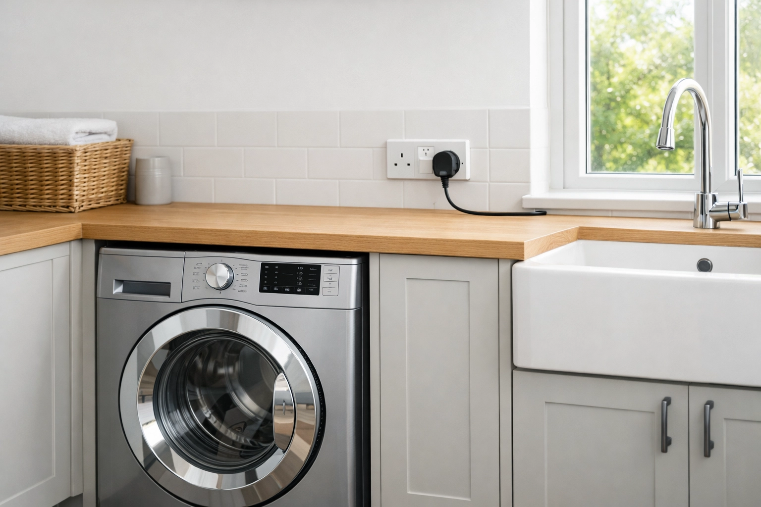 Efficient utility room setup in Poole showing a washing machine and modern UK electrical sockets.