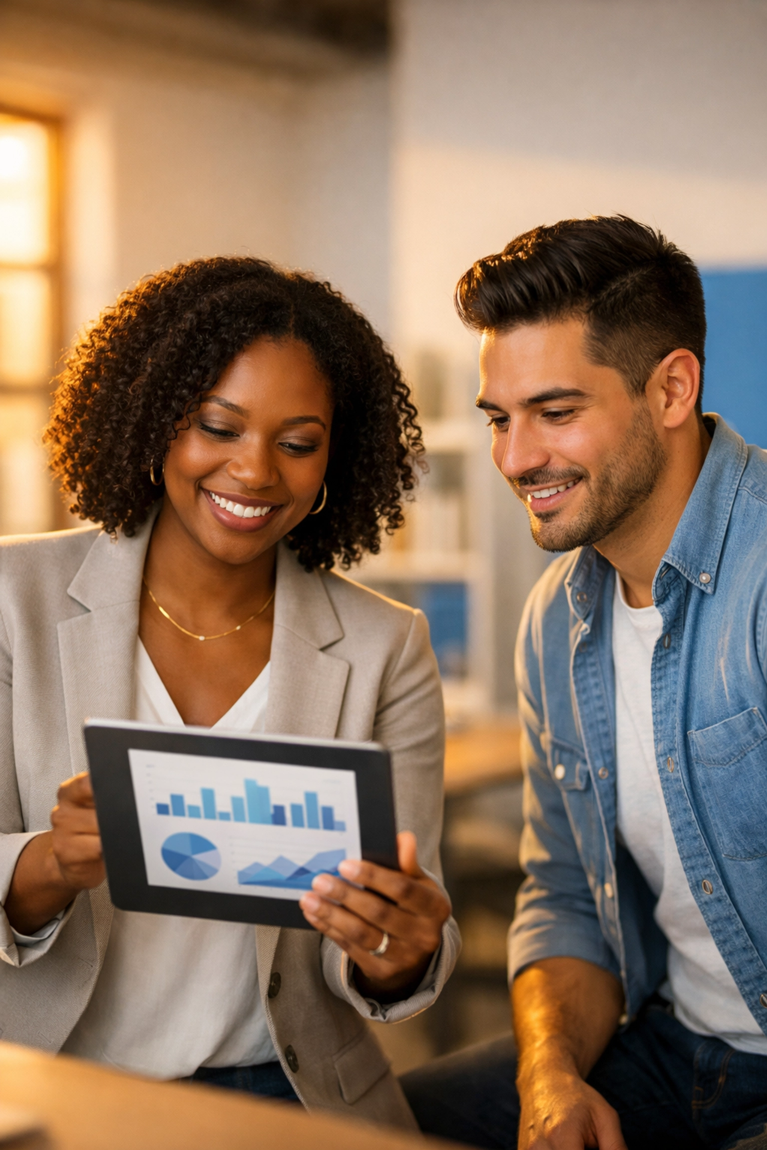 Entrepreneurs reviewing digital financial reports for small business payroll services compliance.