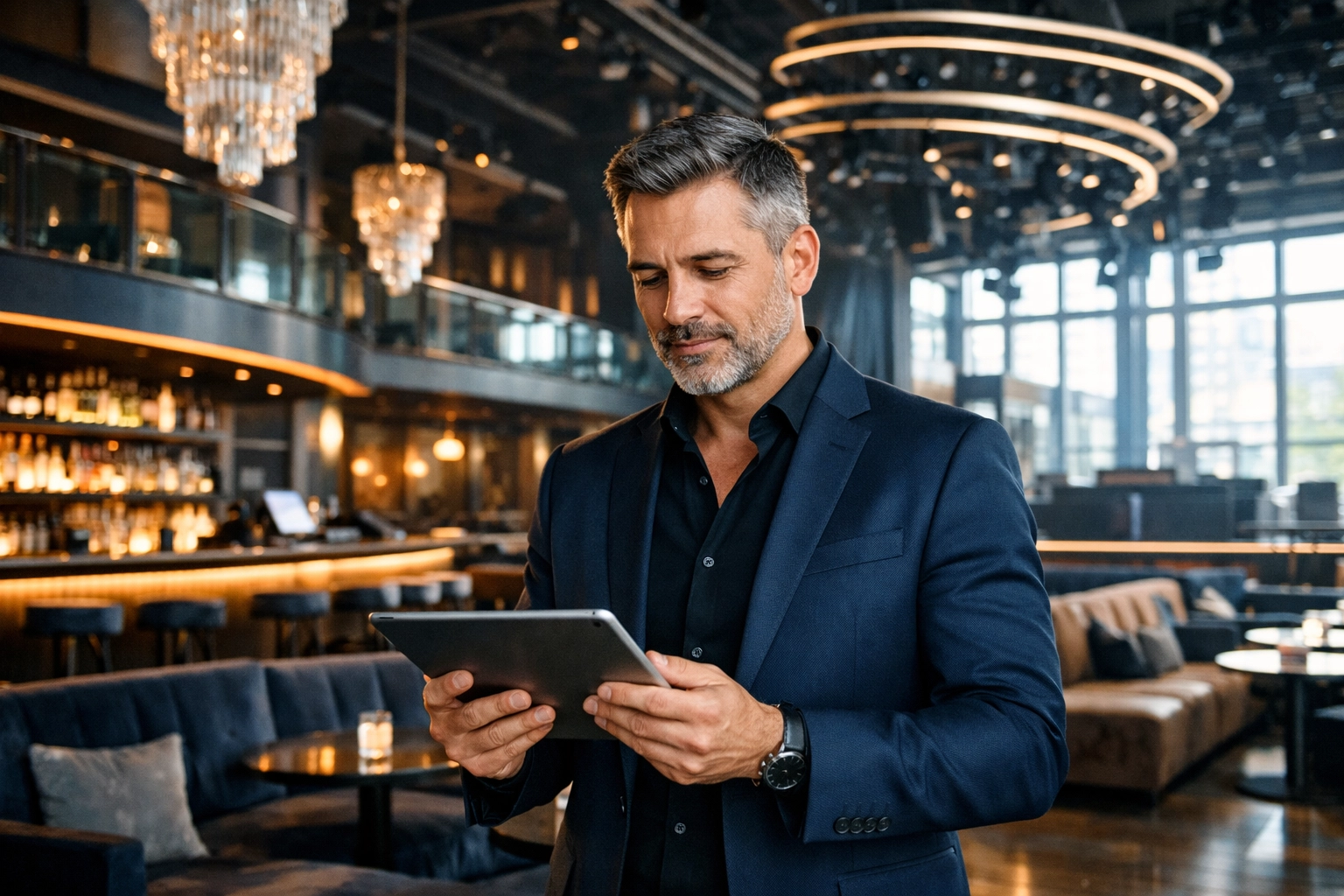 Nightclub owner reviewing business performance on the best POS system for hospitality.