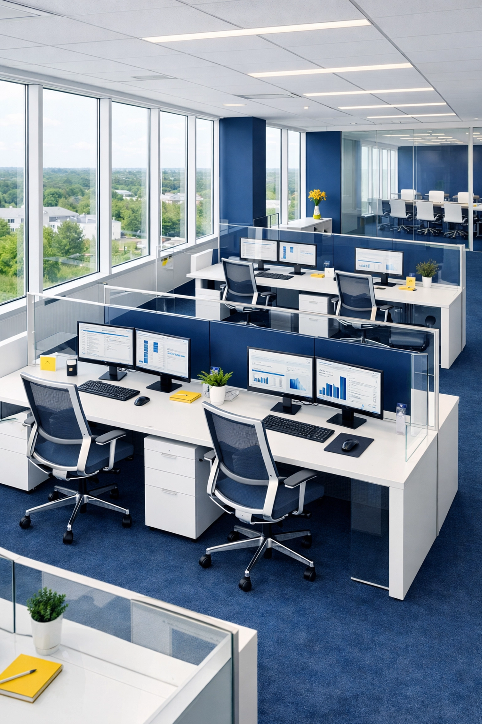 Clean modern office workstations in Walpole, MA featuring sanitized desks and streak-free glass partitions.