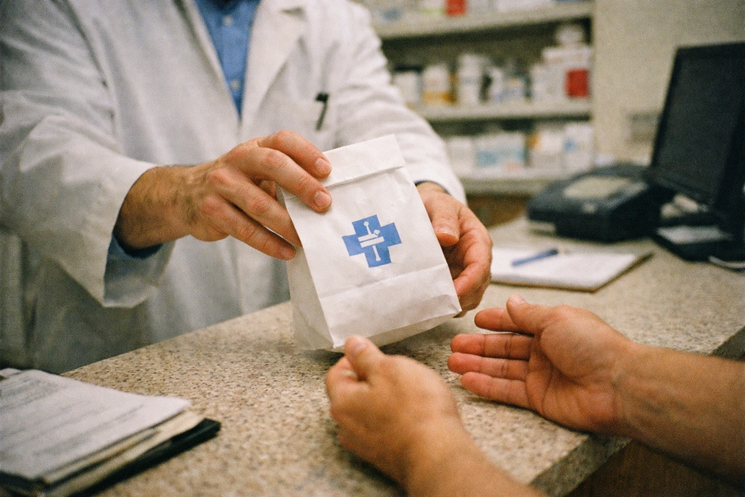 Pharmacist handing prescription medication for STI treatment to patient at pharmacy counter