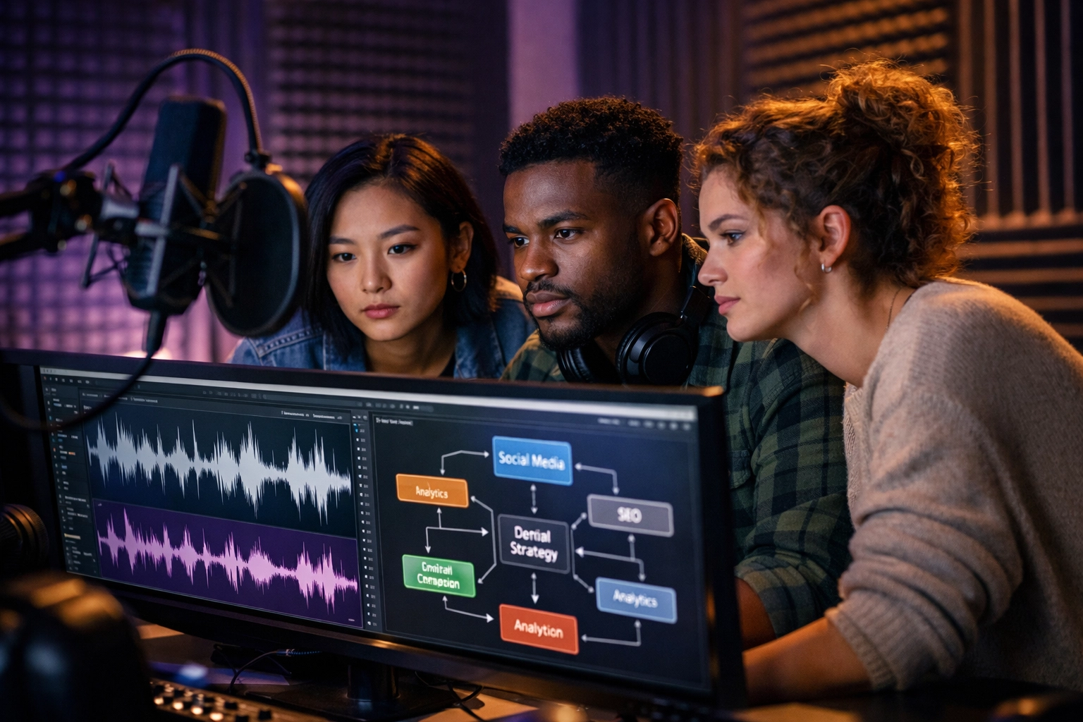 Aspiring music executives and artists collaborating in a high-tech recording studio at the Tunes On Top Academy