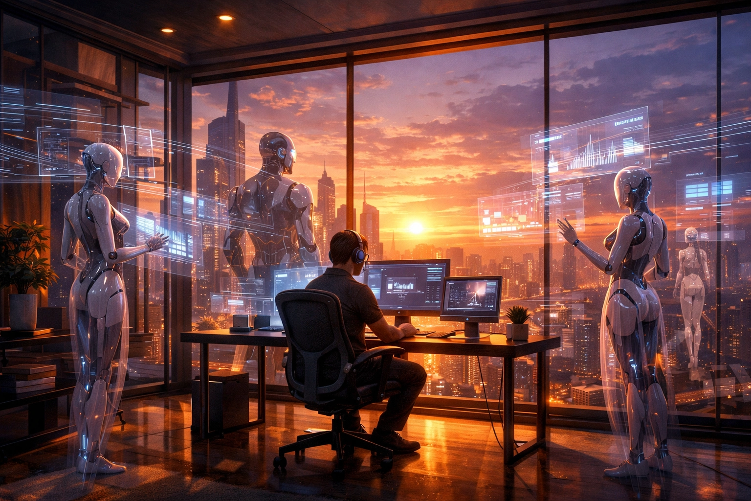 Modern office setup with AI automation interfaces for scaling and managing a successful tech blog.