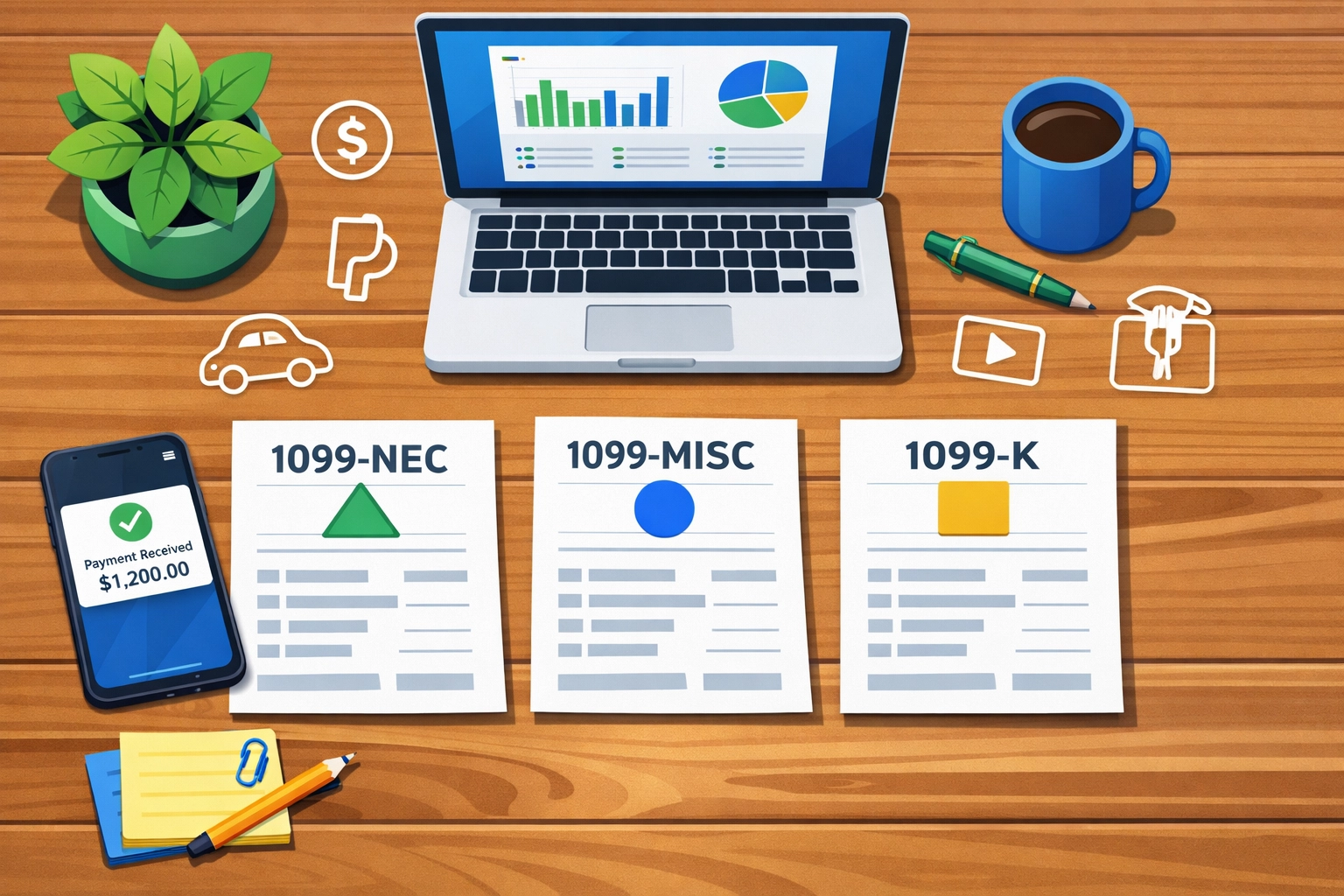 Freelancer workspace showing 1099 tax forms and payment platform notifications for reporting gig income