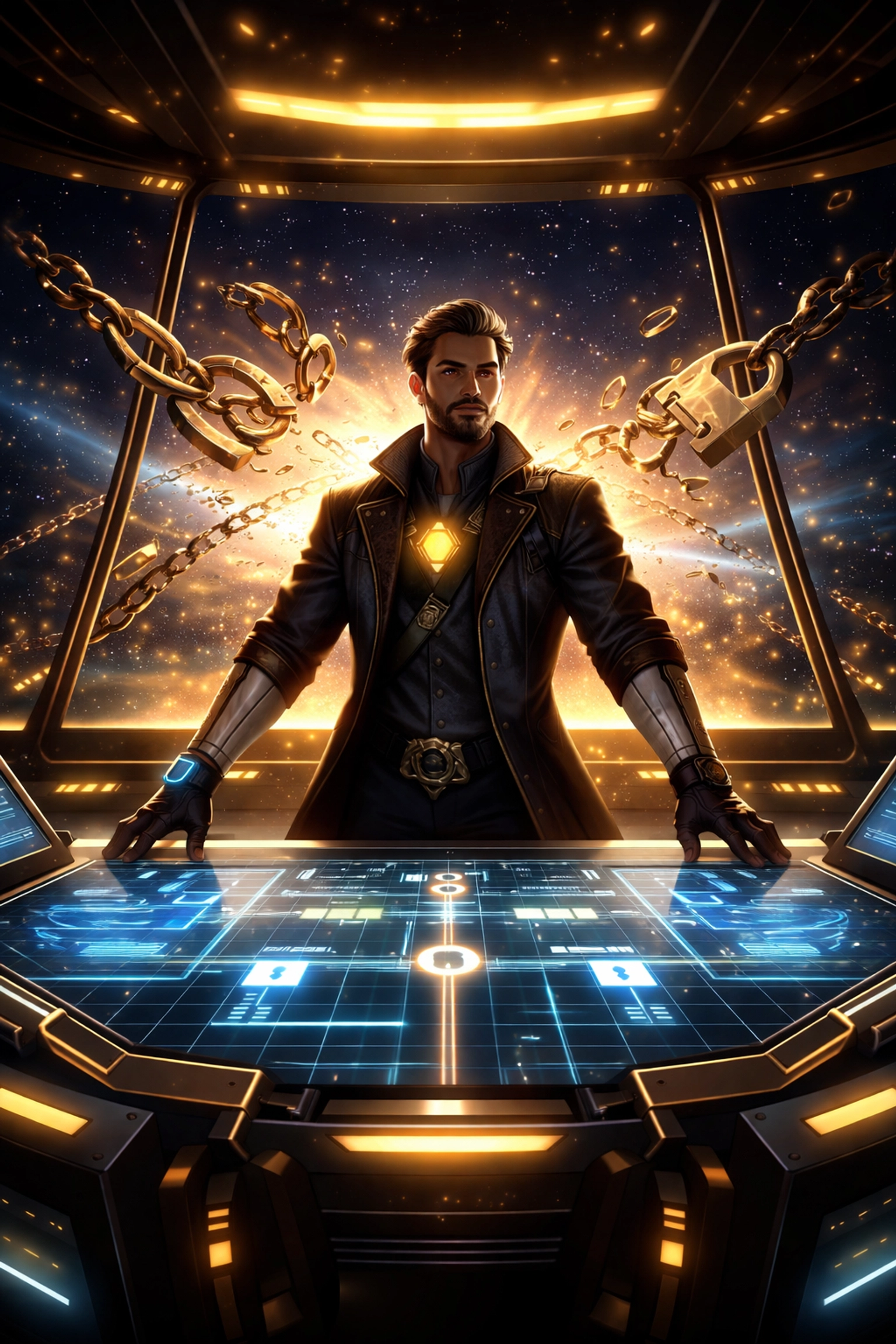 A merchant achieves financial freedom and independence using self-custody crypto payments in a futuristic setting.