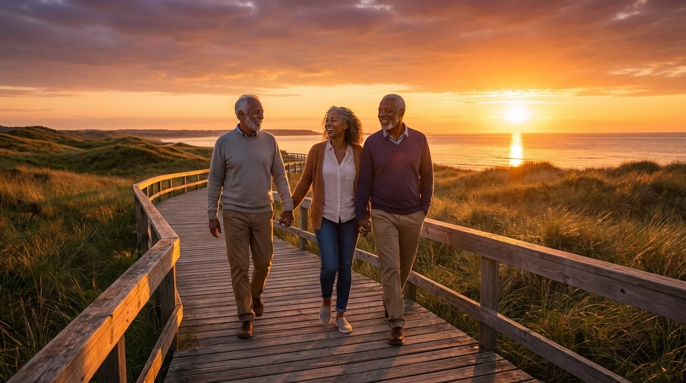 A bold, high-contrast photograph of a winding mountain road stretching toward a stunning sunset horizon, symbolizing the journey toward retirement goals. The scene features dramatic natural lighting with rich warm tones of deep orange, gold, and purple in the sky. Rolling green hills flank the road, and the perspective is from ground level looking forward, creating a sense of forward momentum and possibility. The mood is inspiring and optimistic, with crisp clarity that evokes strength and determination. A single figure or couple can be seen in the distance, walking confidently toward the light.
