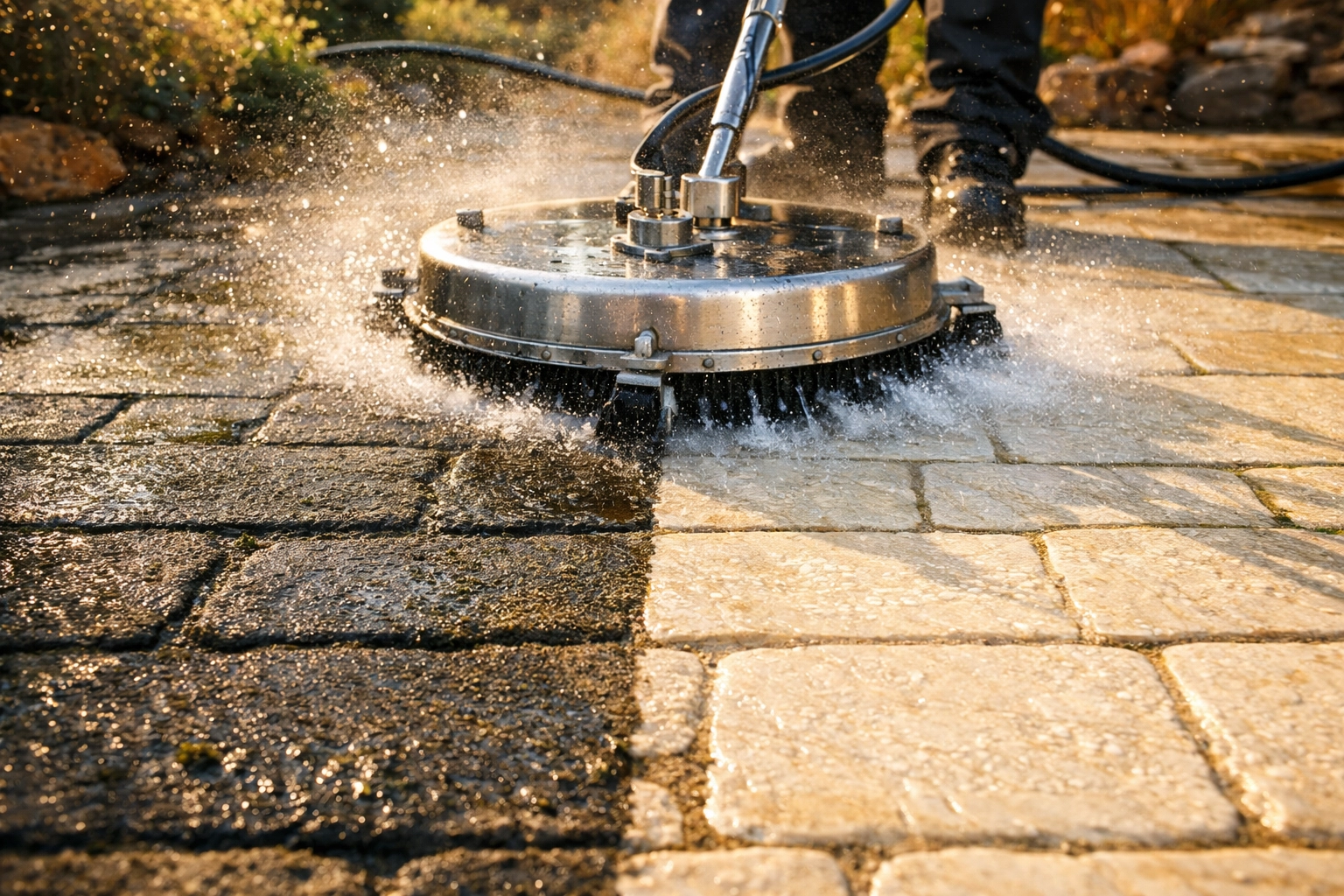 Professional pressure washing machine cleaning a grime-covered stone walkway for a Nashville HOA.