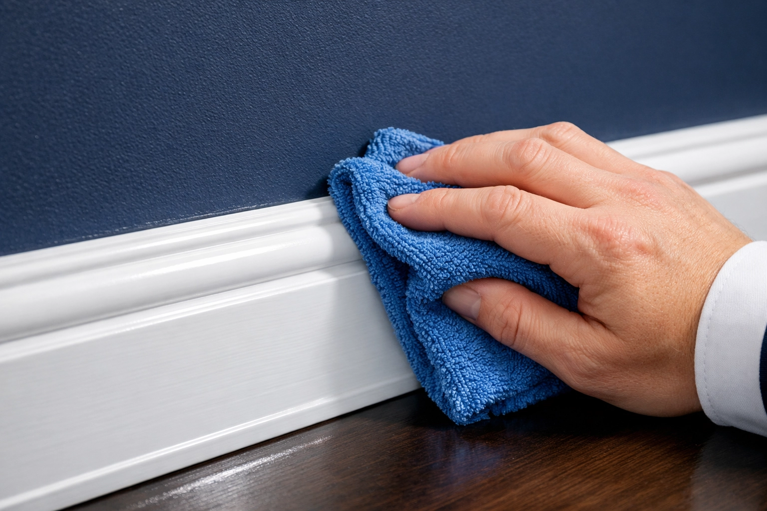 Cleaning professional wiping white baseboards with a microfiber cloth during deep cleaning in Franklin.