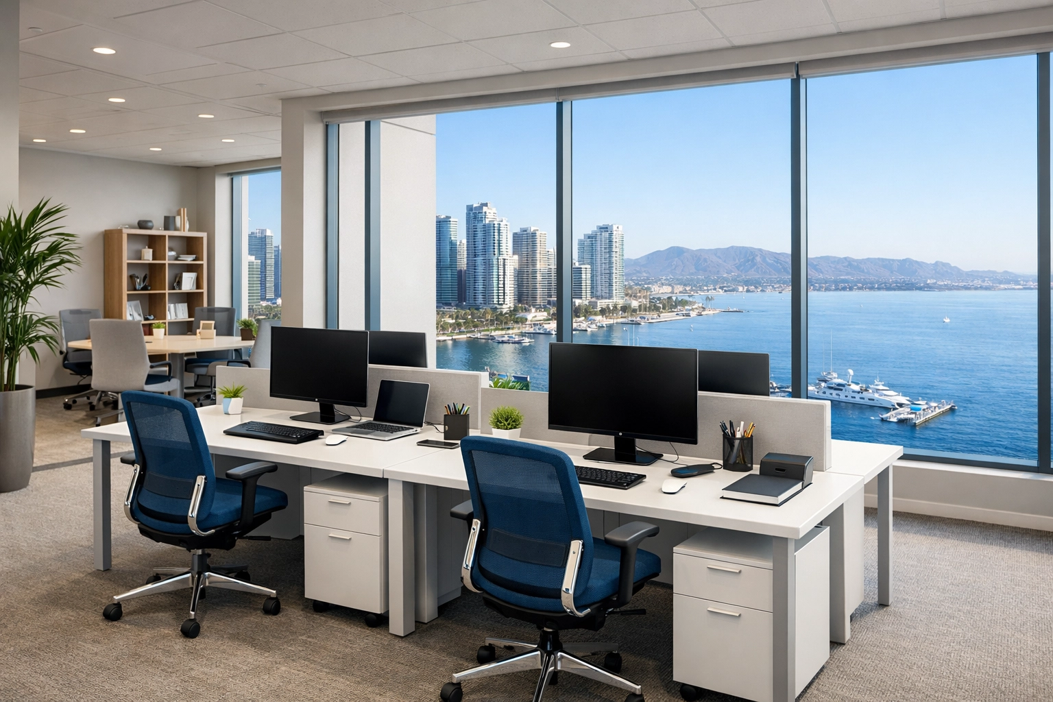 A clean, dust-free open-plan office suite in Beverly ready for business after professional commercial cleaning services.