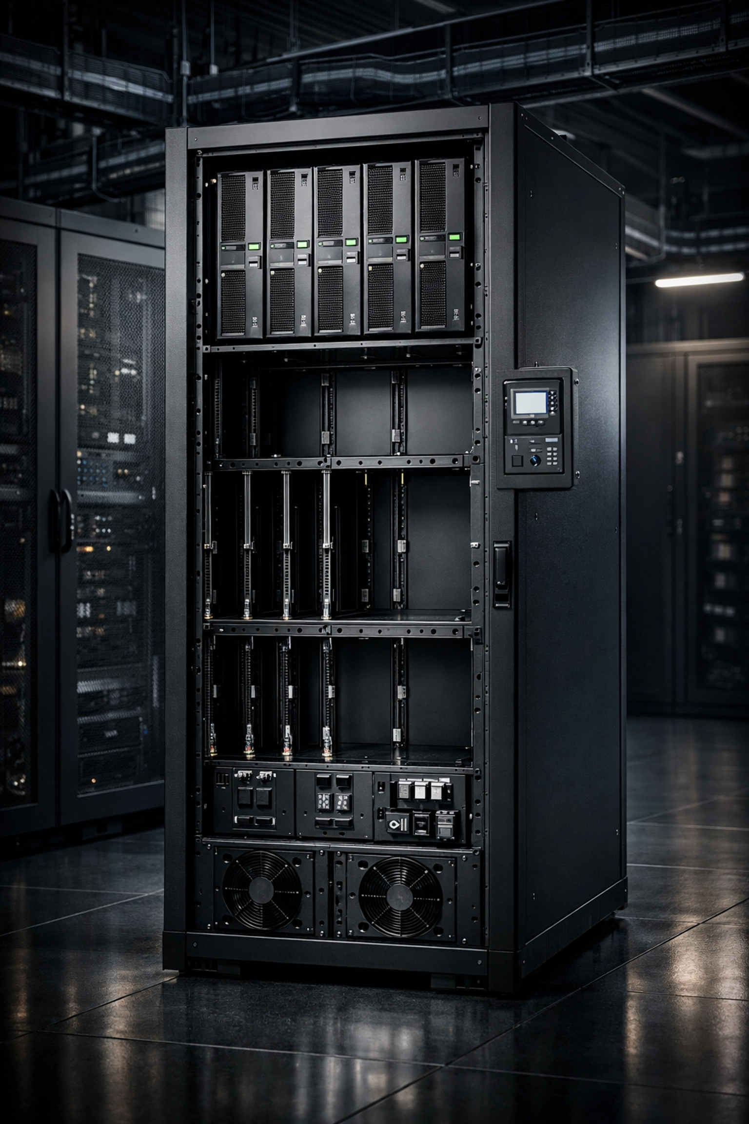 Modern modular UPS frame with redundant power modules designed for high-density AI data center workloads.
