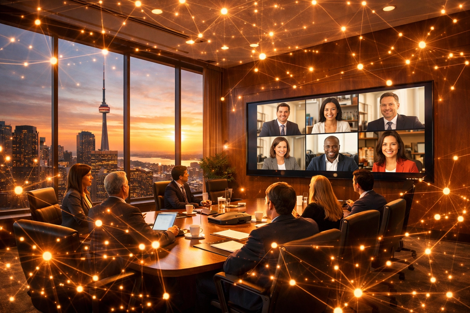 Professionals in a Canadian boardroom using reliable business internet for a seamless video conference.