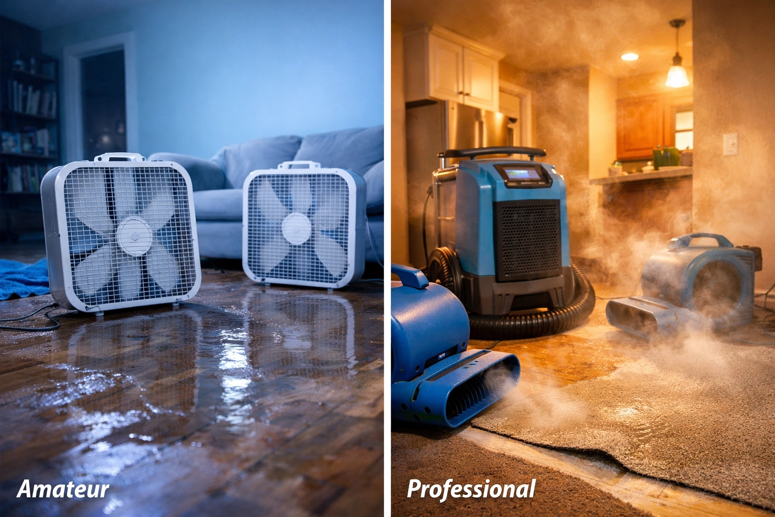 DIY fans vs professional water extraction equipment for flood damage restoration