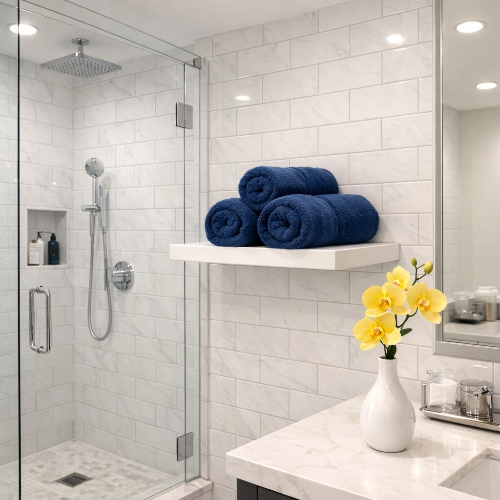Spotless luxury bathroom with marble tiles following a professional deep cleaning treatment.