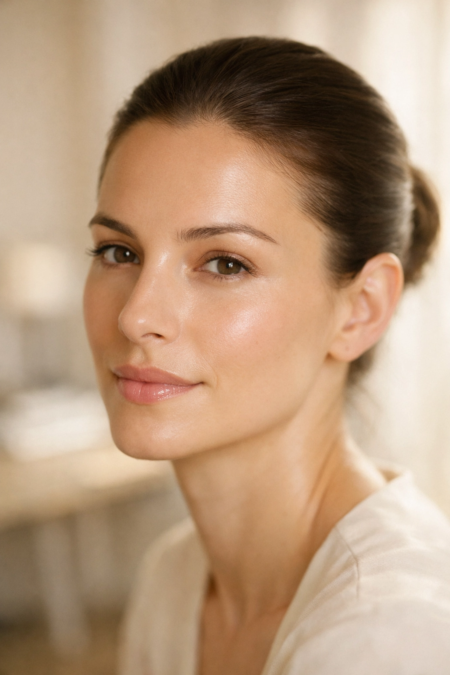 Woman showcasing natural no-makeup makeup look with flawless skin for professional setting