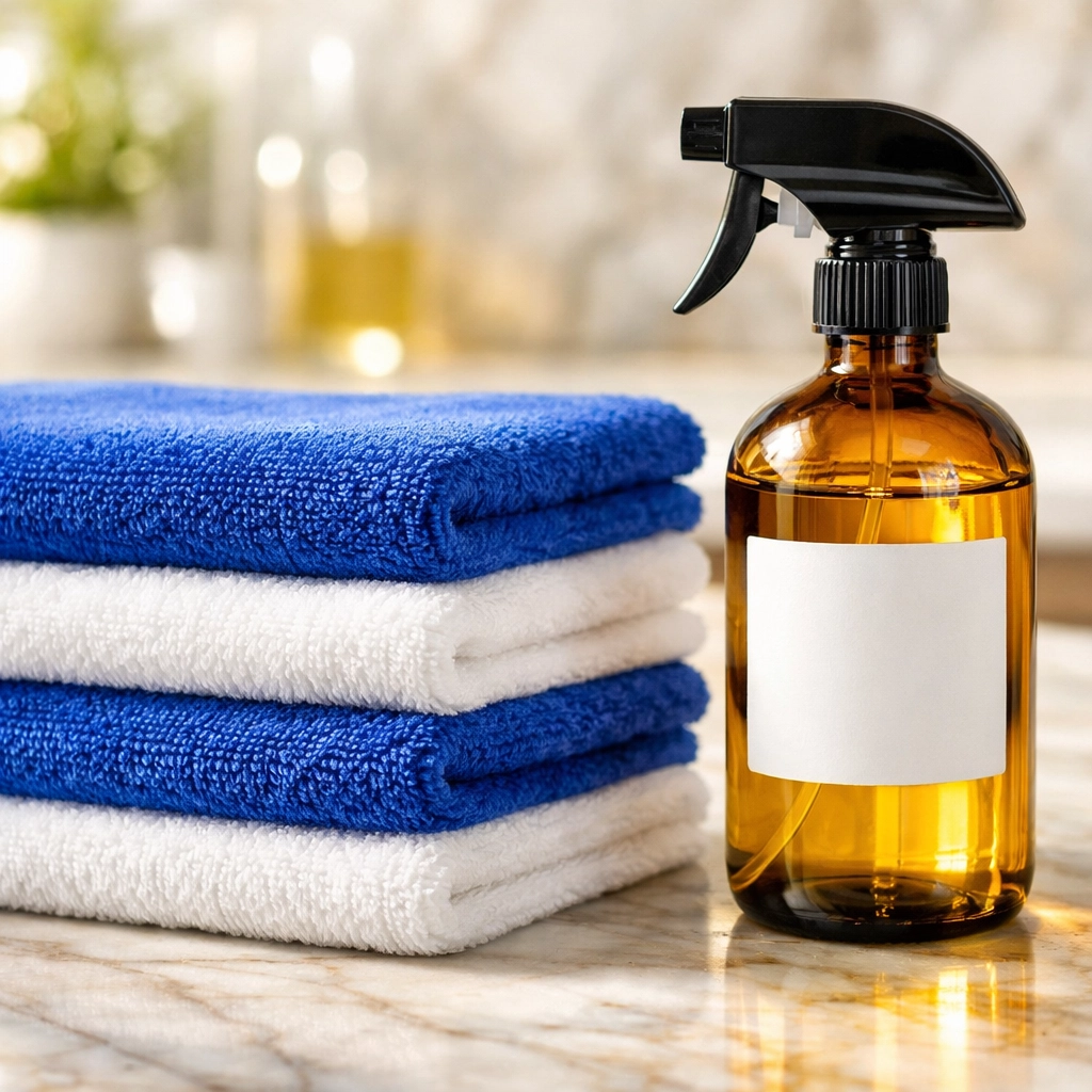 Microfiber cloths and eco-friendly house cleaning supplies on a marble kitchen counter in Belmont, MA.