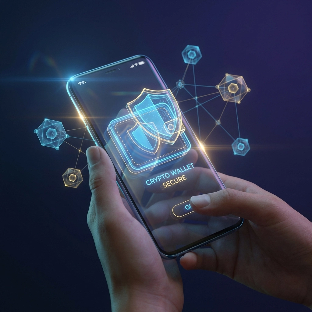 Small business owner uses smartphone digital wallet with blockchain security for Web3 payments, highlighting self-custody benefits.