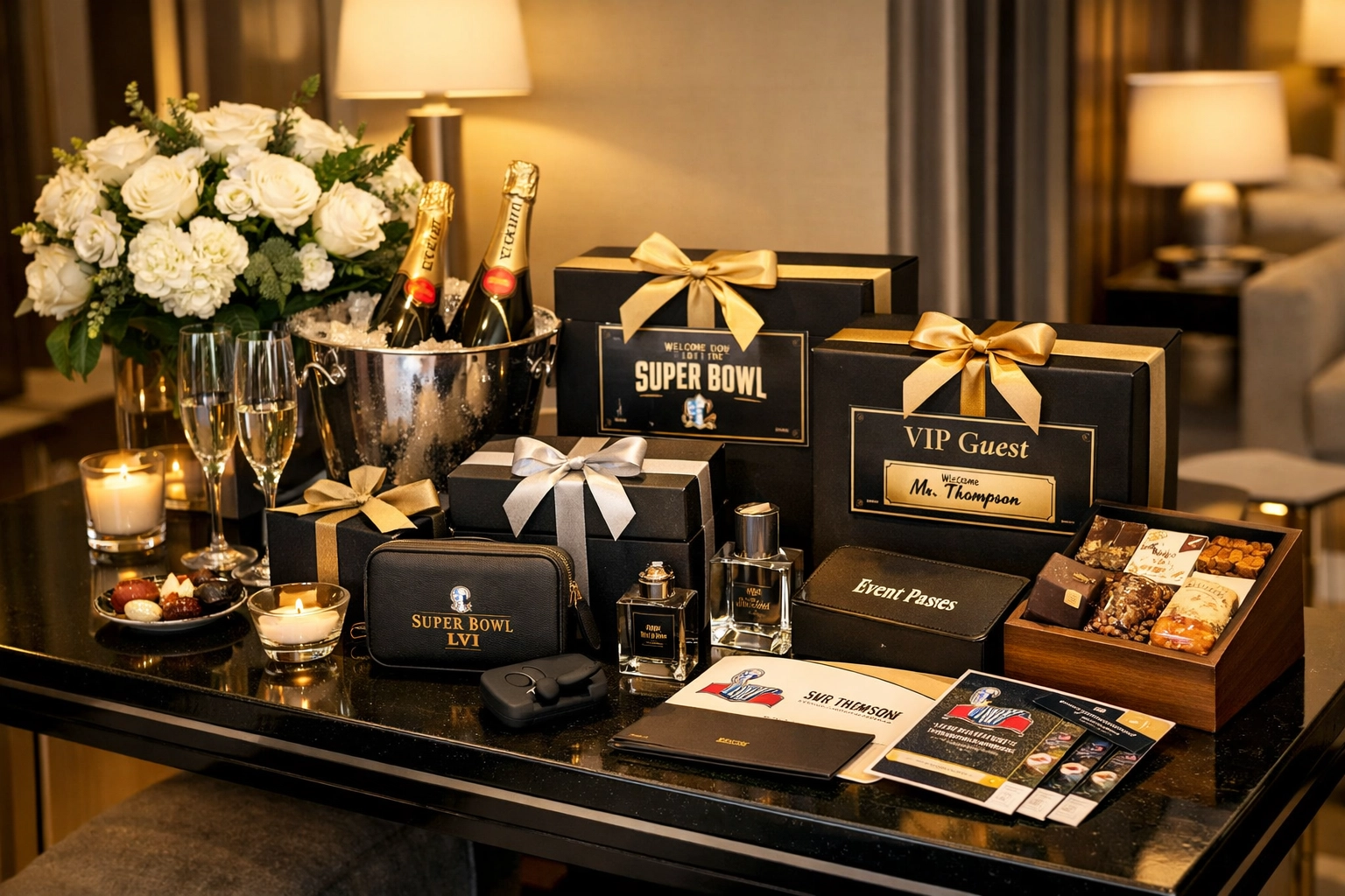 The First-Timer's Guide to Super Bowl Corporate Hosting: Your 90-Day Preparation Checklist for Maximum Brand Impact Luxury VIP welcome package setup for Super Bowl corporate guests with champagne and amenities