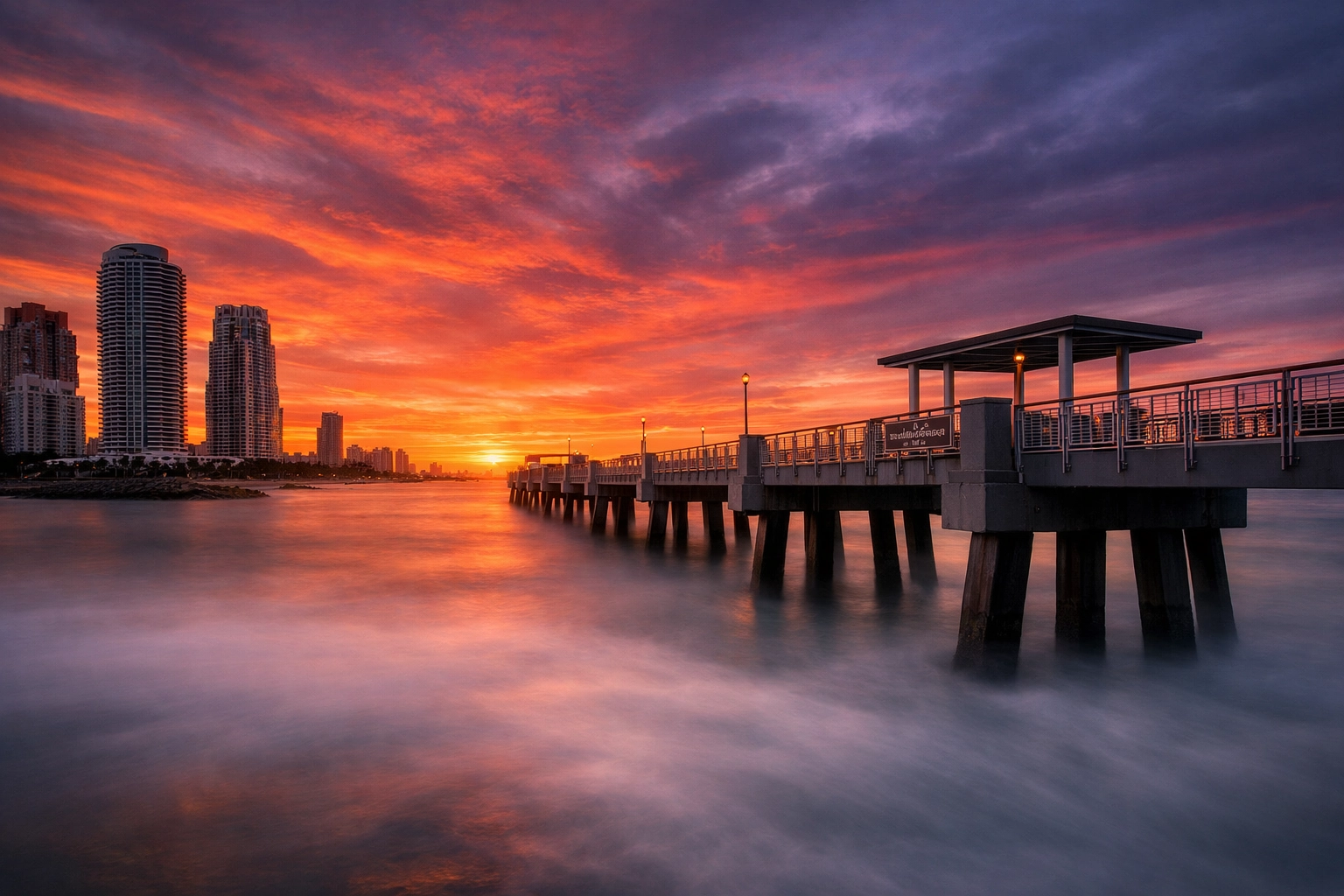 Scenic sunrise long exposure of South Pointe Park Pier for a fine art photography Miami portfolio.