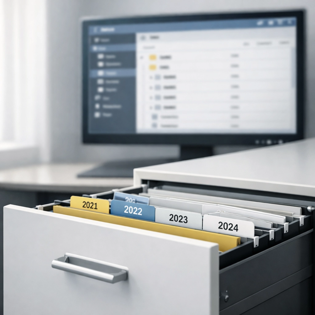 Organized tax record storage system with digital and physical files