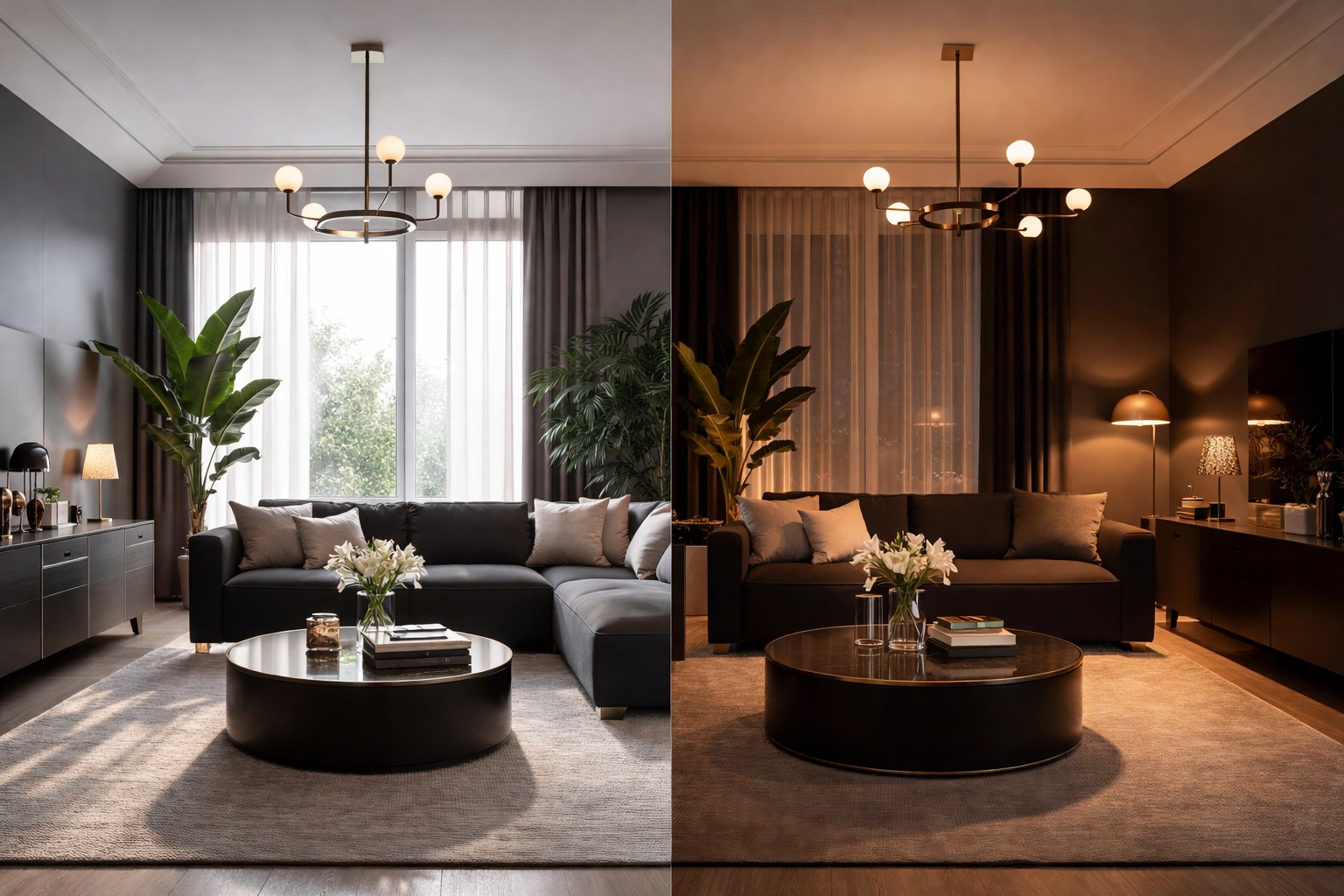 Luxury apartment interior showing both natural and artificial lighting for accurate property inventory images.