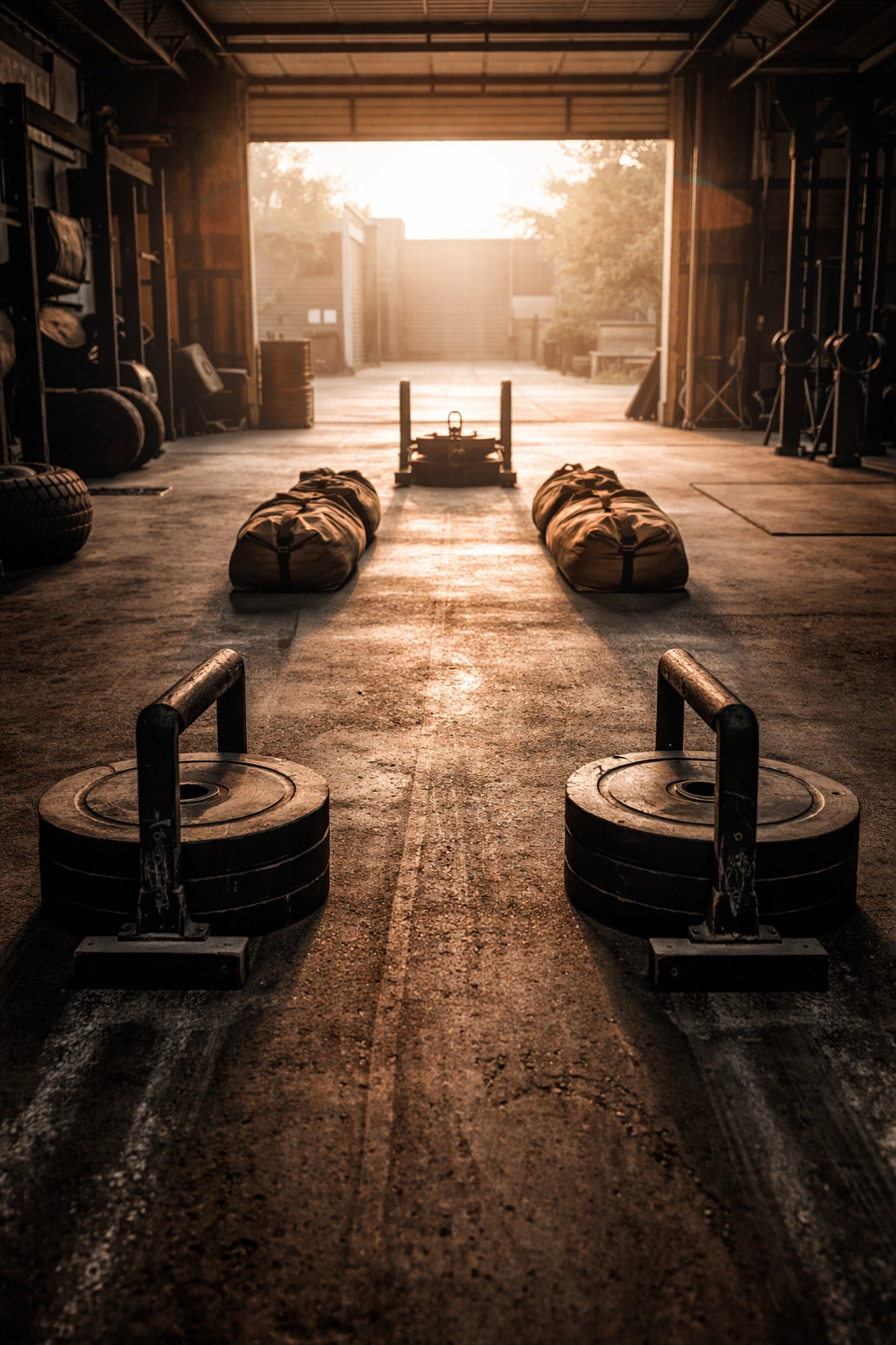 Garage gym loaded carry lane with farmer's carry handles, sandbags, and weighted sled for functional strength