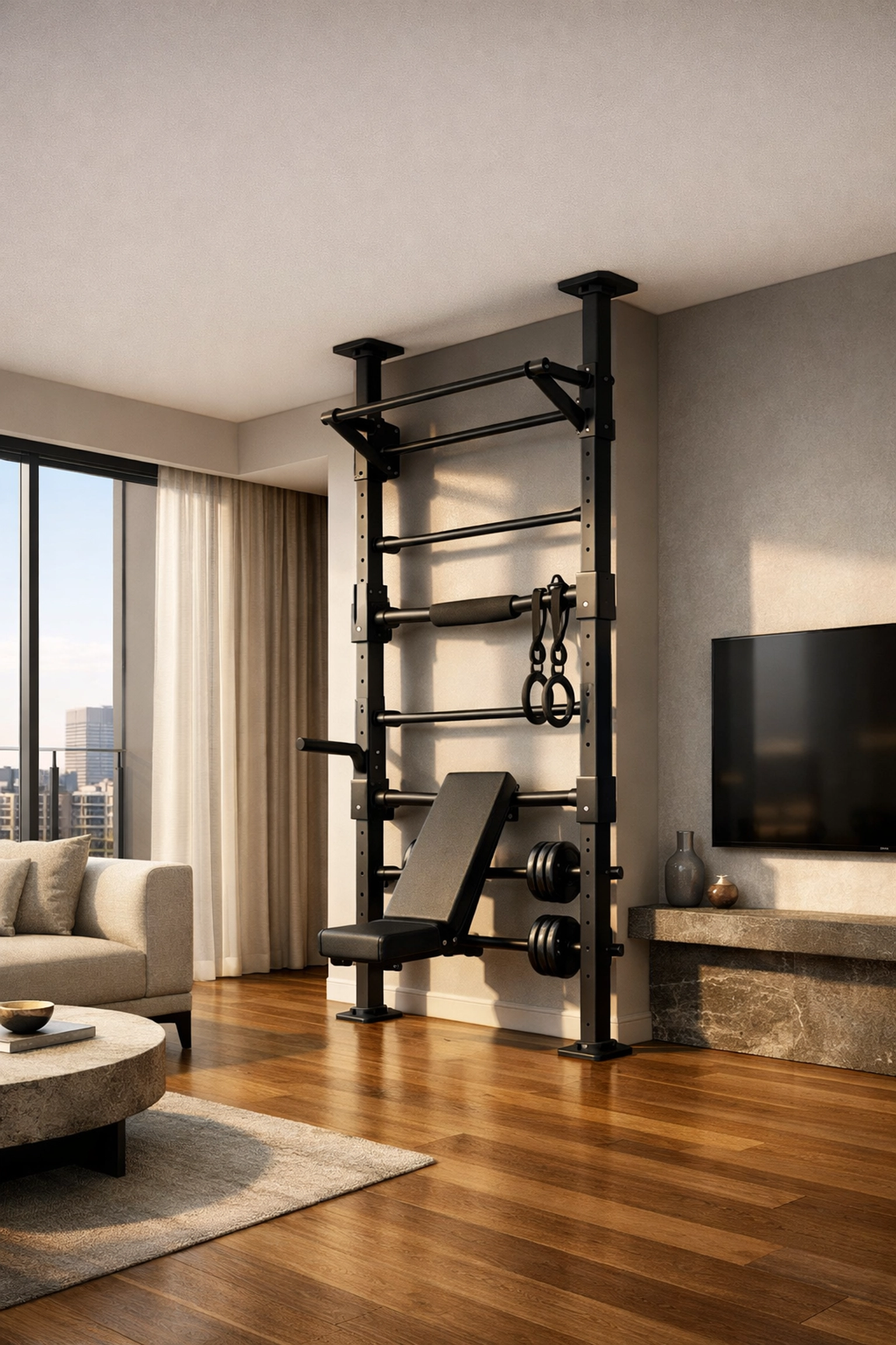 Versatile floor to ceiling gym rail system installed in a home without drilling or wall damage.