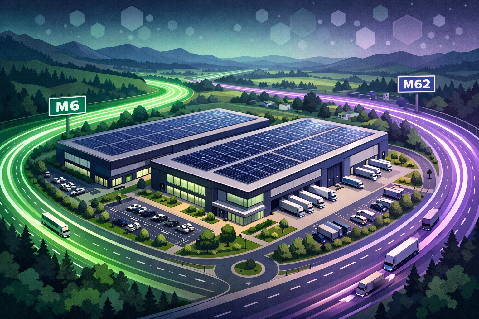 Modern energy-efficient warehouse hub in the North West near M6 and M62 motorways for logistics distribution.