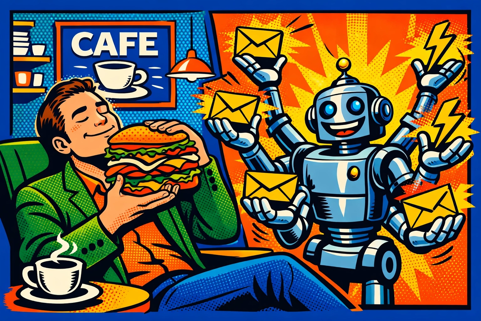 AI assistant managing customer support tasks so the business owner can enjoy lunch.