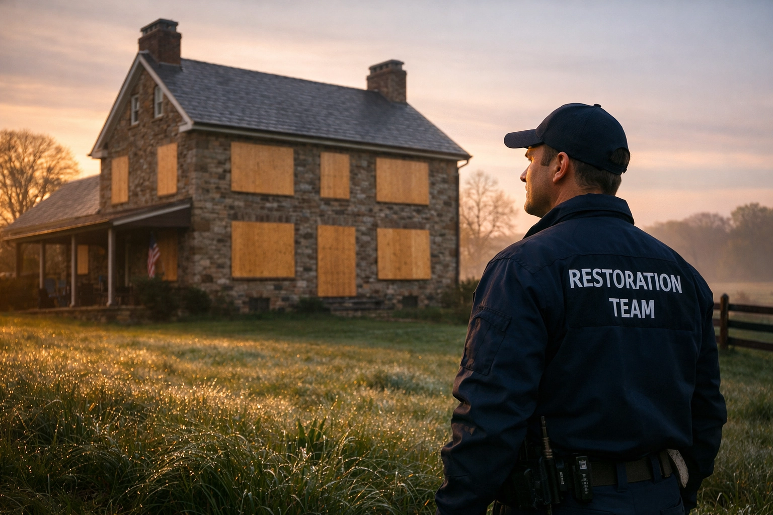 Professional fire damage restoration technician securing a boarded-up house in Bucks County.
