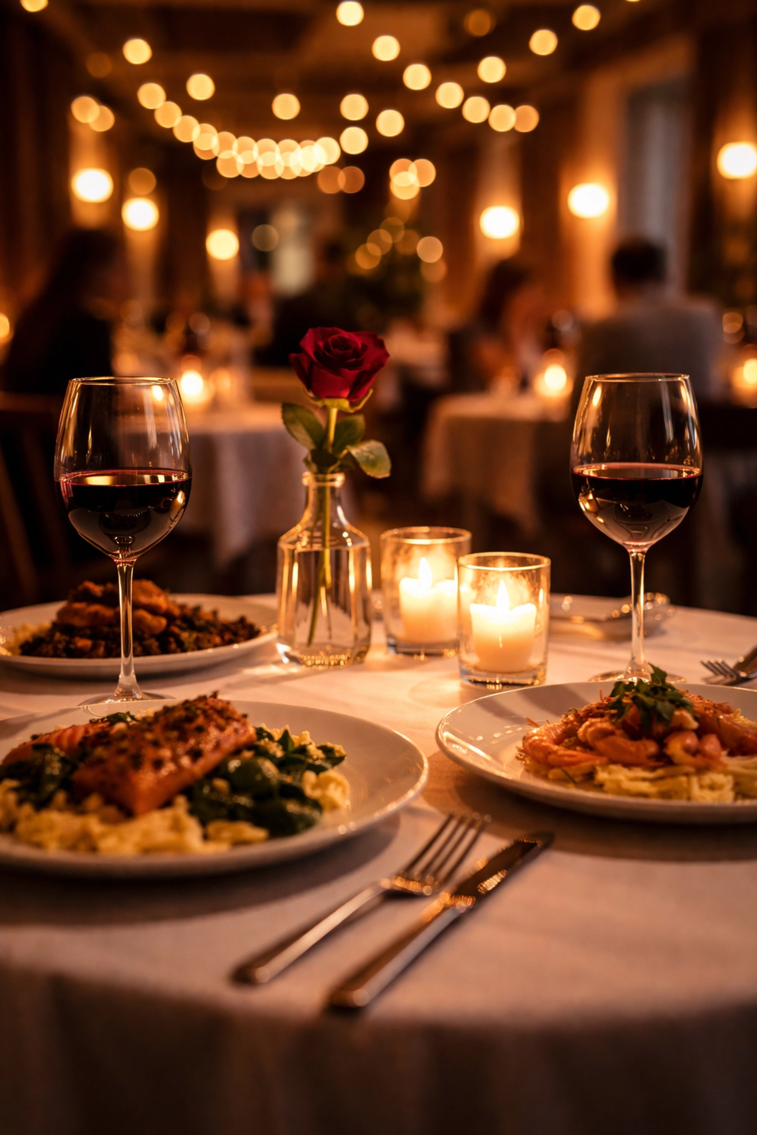 Romantic candlelit dinner table set for two at a cozy Summerville restaurant for Valentine's Day