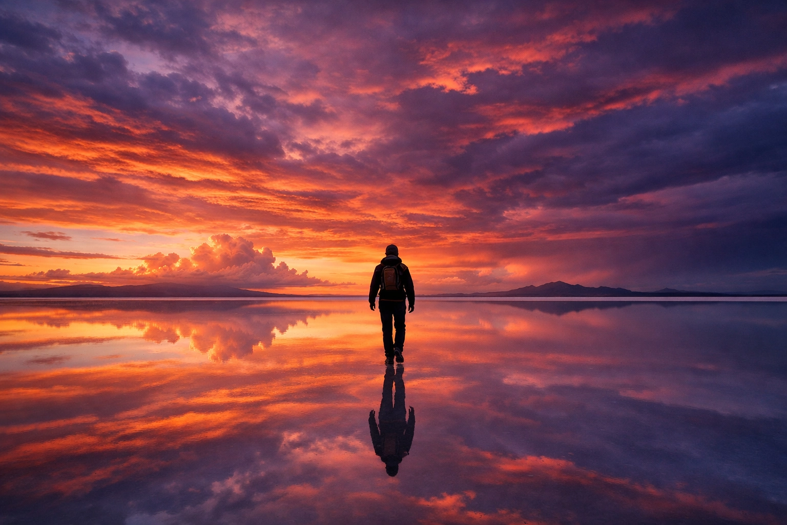 A person walking across Bolivia's salt flats at sunset, showcasing the human element in epic photo spots.