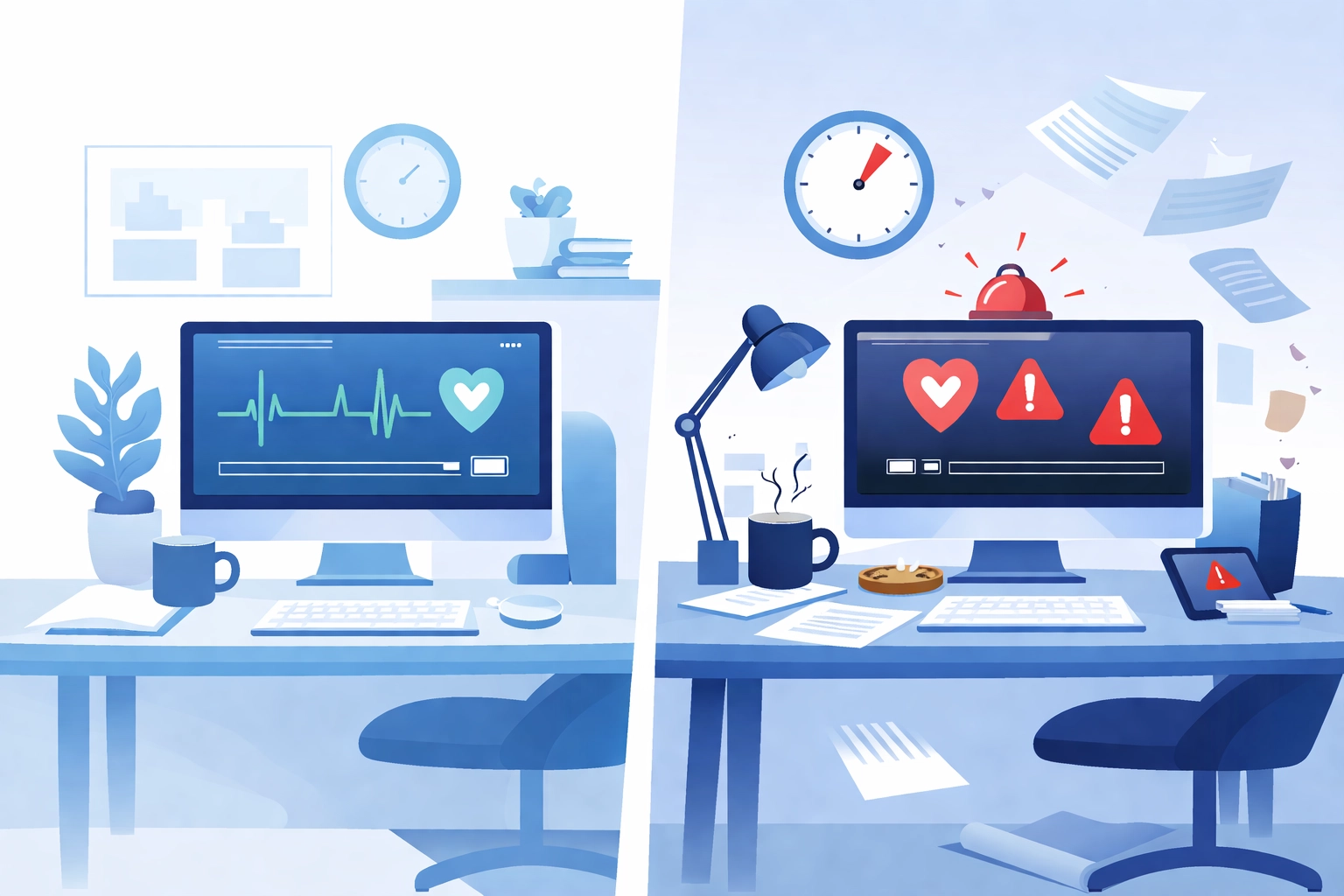 Vector image side-by-side showing a calm workspace for managed IT and a chaotic one for on-demand support, highlighting response differences