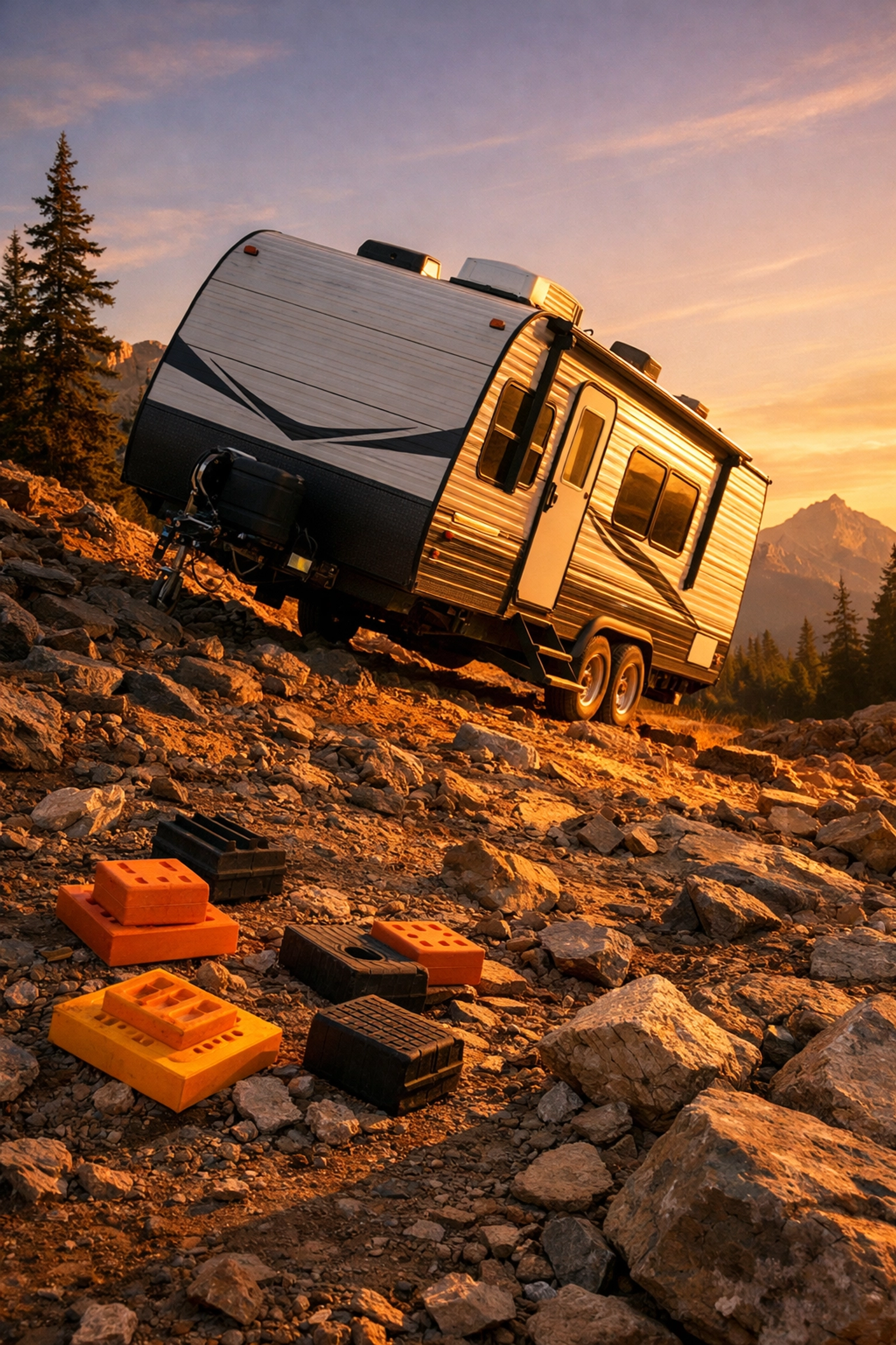 Travel trailer tilted dangerously on uneven rocky terrain showing improper leveling