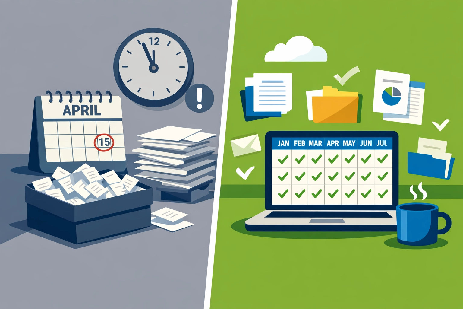 Traditional tax prep vs concierge tax preparation comparison showing seasonal vs year-round service