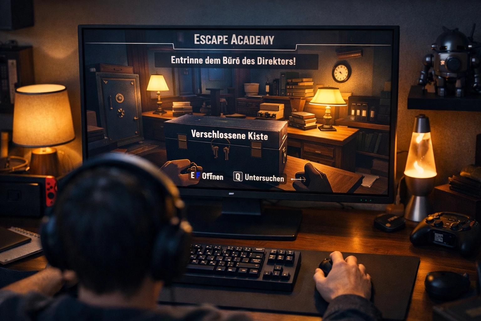 Escape Academy Gameplay auf Monitor mit mysteriösem Büro und Rätselelementen