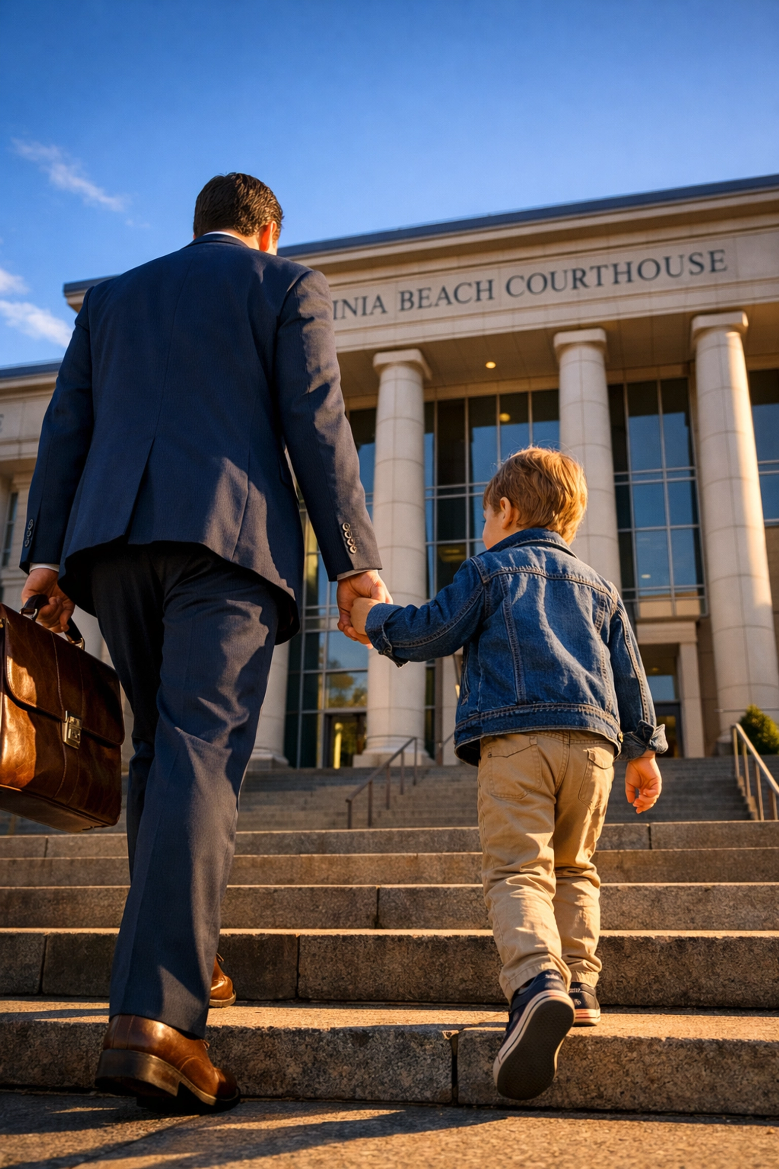 Parent and child walking to Virginia Beach courthouse for custody hearing