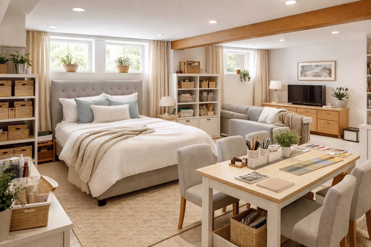 Bright finished basement guest room and hobby space in a Bucks County 55 plus community home