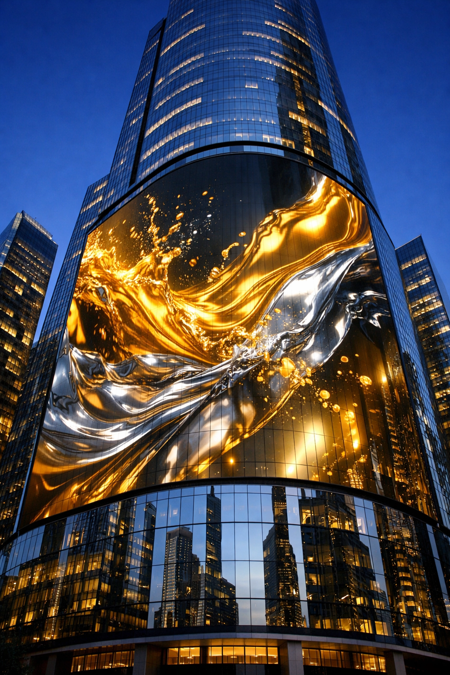 Large scale digital billboard advertising on a modern skyscraper facade powered by programmatic DOOH technology.