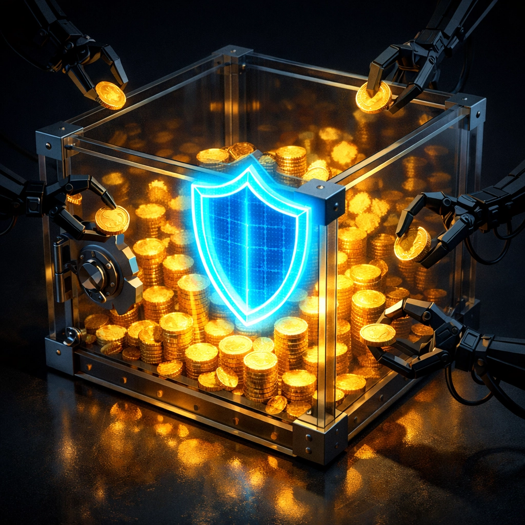 A secure digital vault representing how Larecoin.ai reduces merchant interchange fees and protects business revenue.