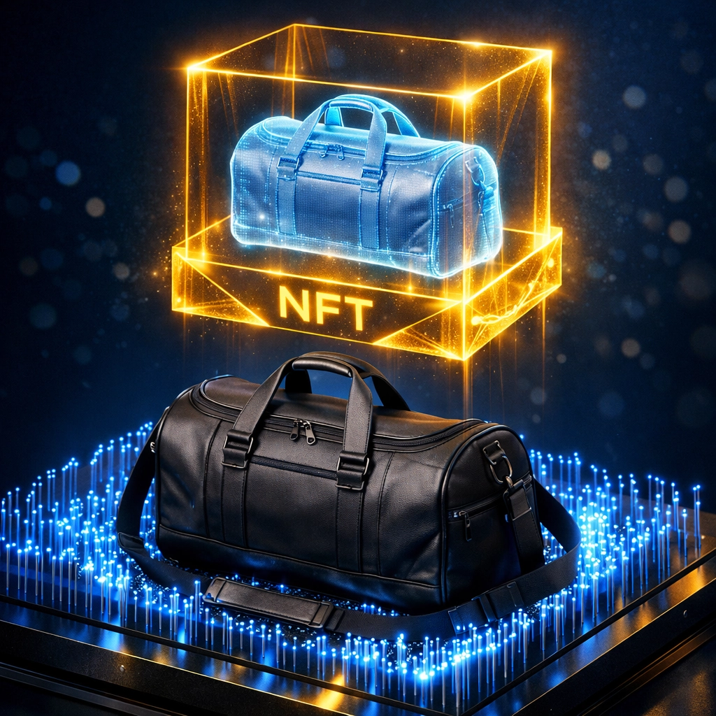 A holographic NFT receipt for a duffle bag representing secure proof-of-purchase within the Larecoin Web3 ecosystem.