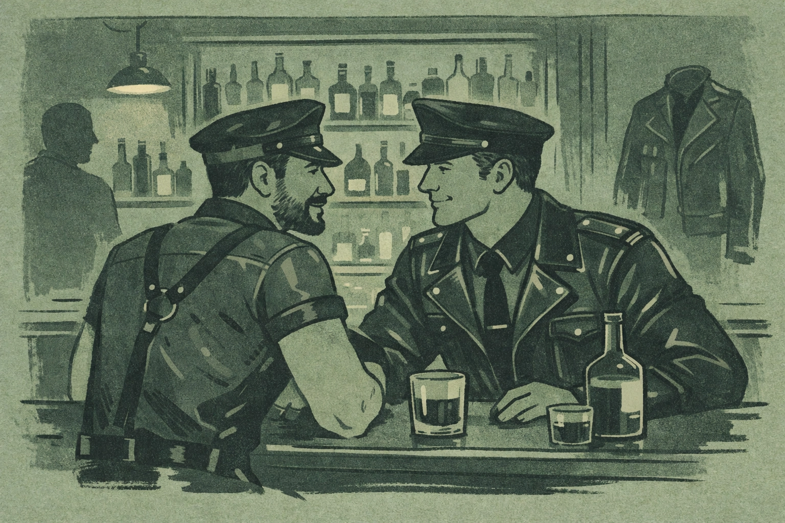 Gay men in leather gear at Mutschmanns bar in Berlin's leather community space