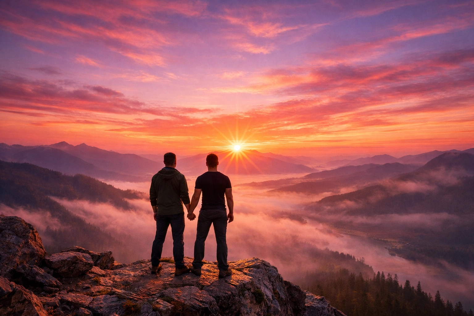 Two men holding hands at sunrise on a cliff, representing LGBTQ+ resilience and a triumphant future.