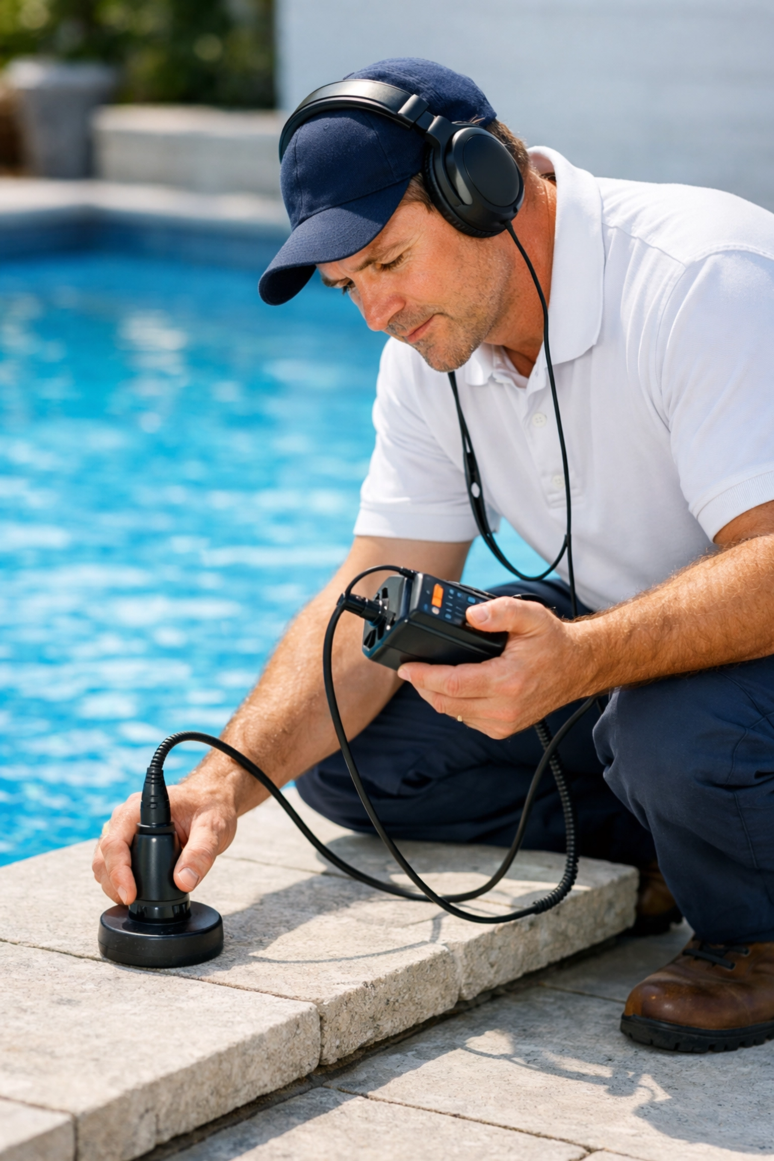 Professional pool technician using sonar equipment for leak detection at a residential pool.