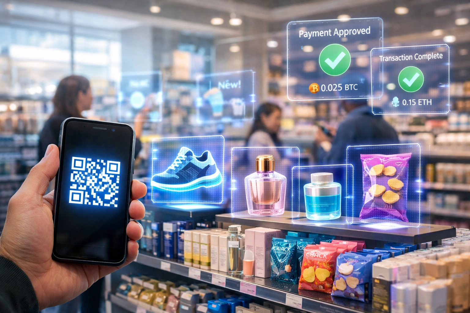 Customer using QR code crypto POS payment with AR product preview overlays