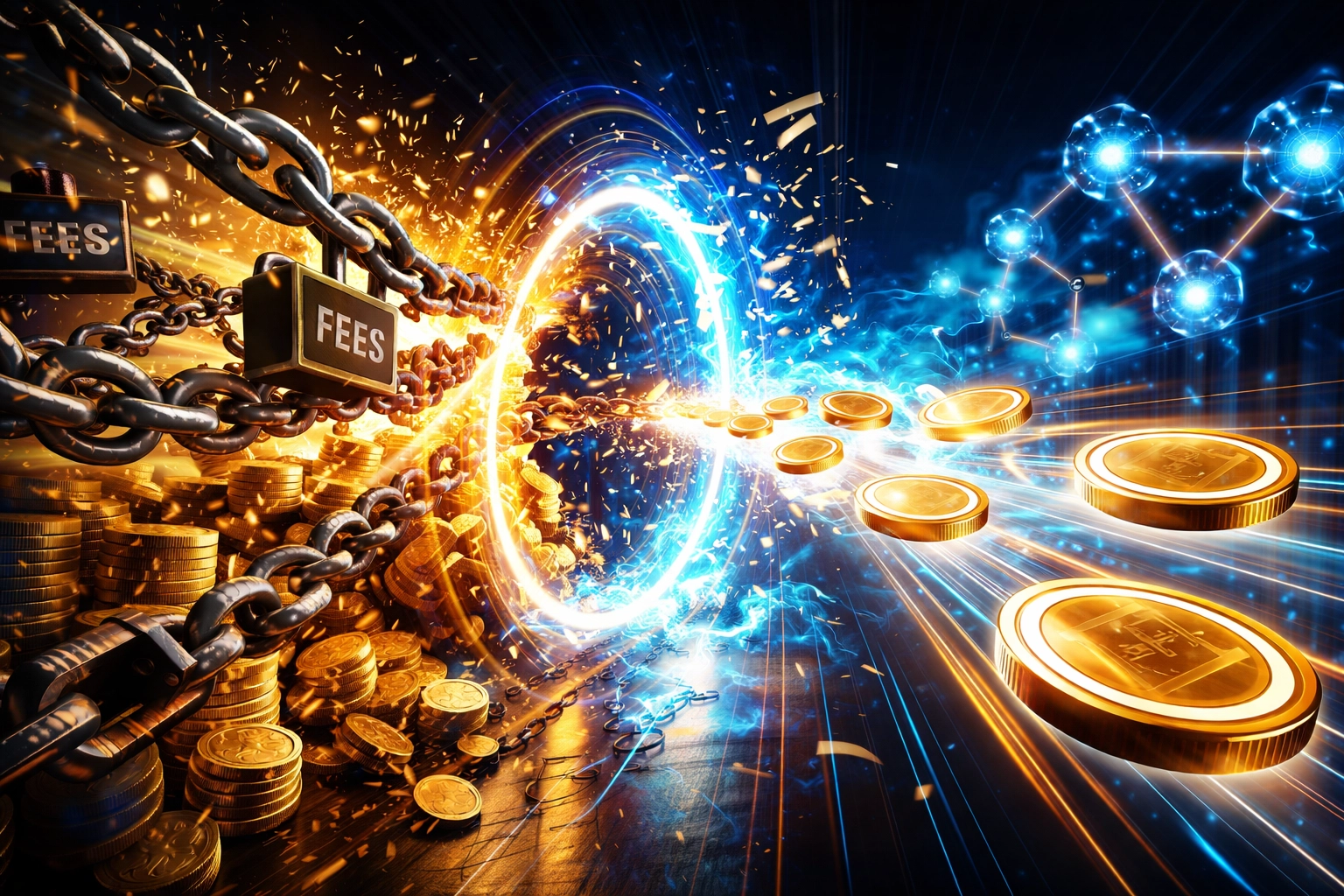 Visualization of reducing merchant payment fees with blockchain, highlighting savings and direct transactions