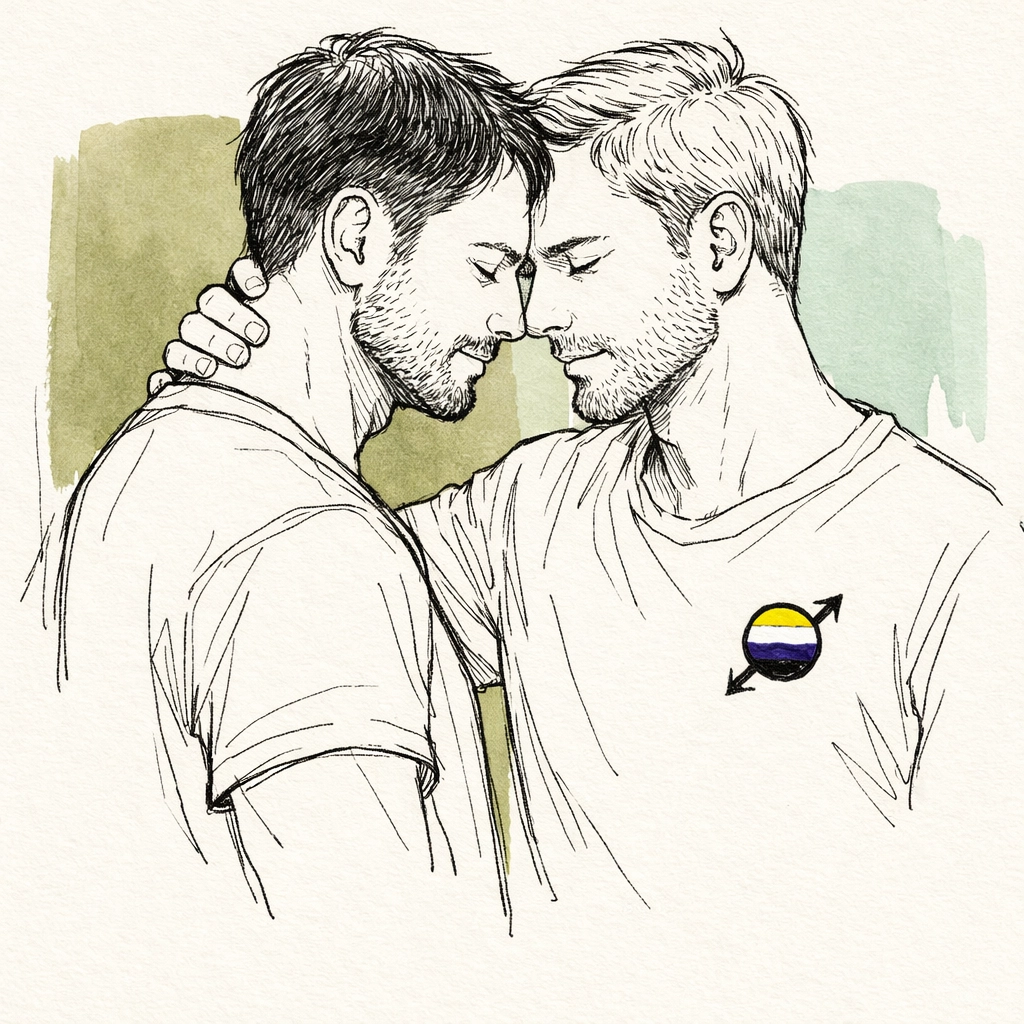 Two men in a loving embrace with a non-binary pride symbol, illustrating emotional depth in MM romance.