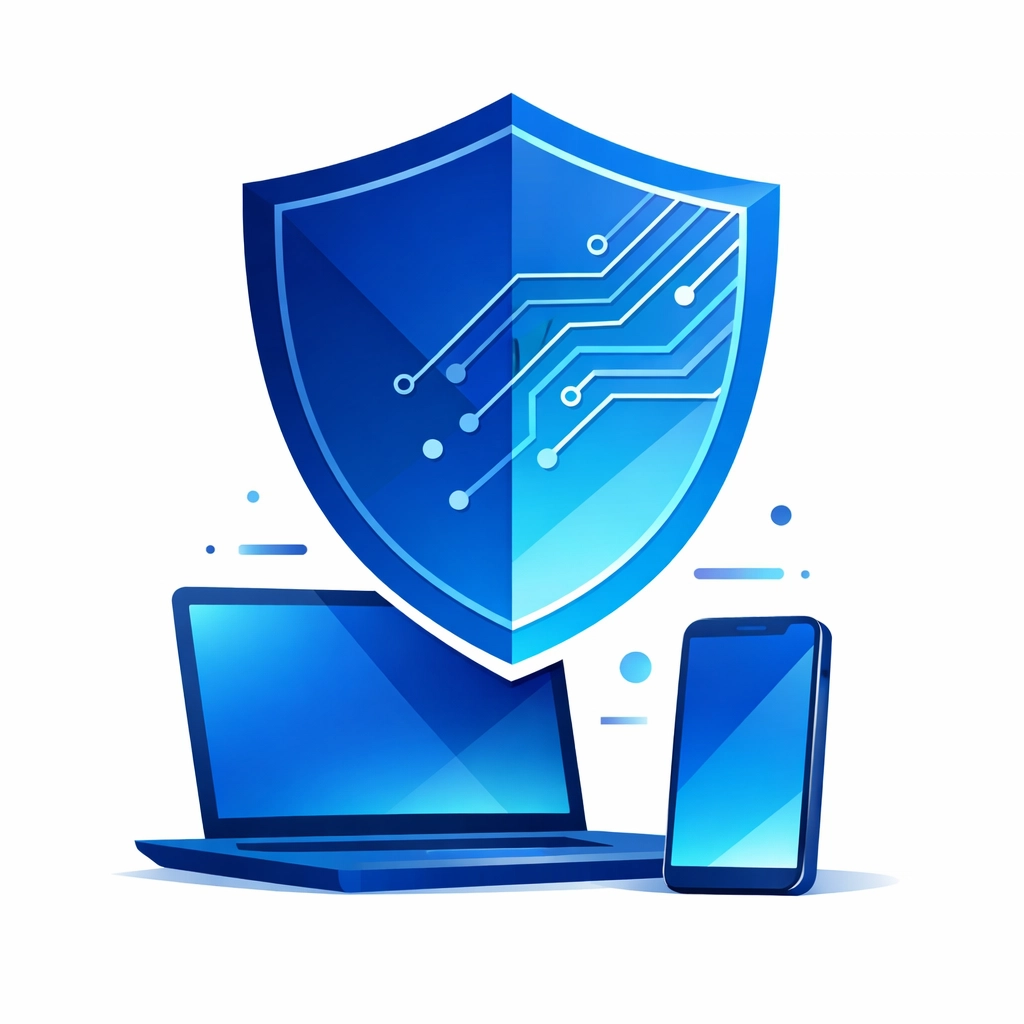 Cybersecurity protection shield guarding laptop and smartphone from digital threats