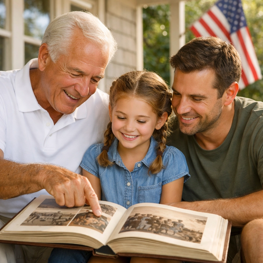A family studying American history together to promote civic education and community values.