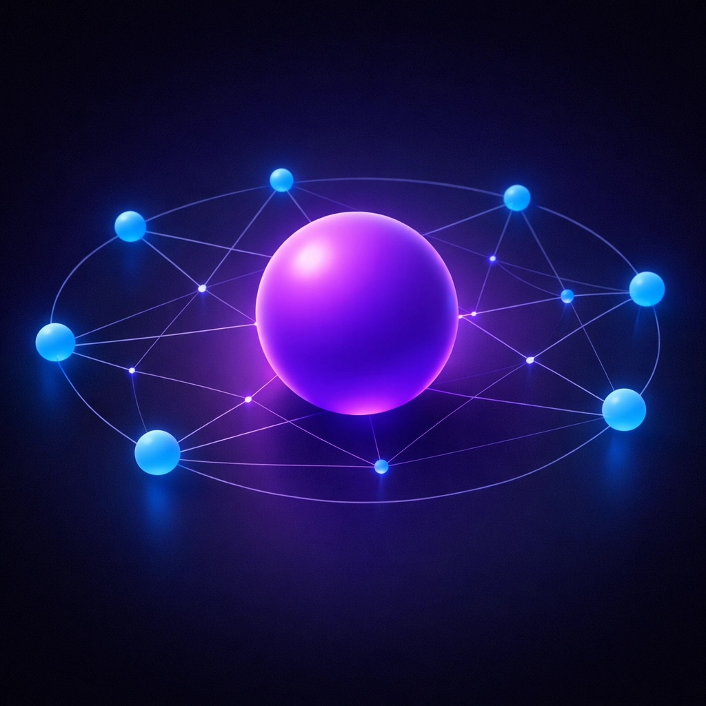 A glowing network diagram representing topical authority and content clusters for AI-driven SEO strategies.